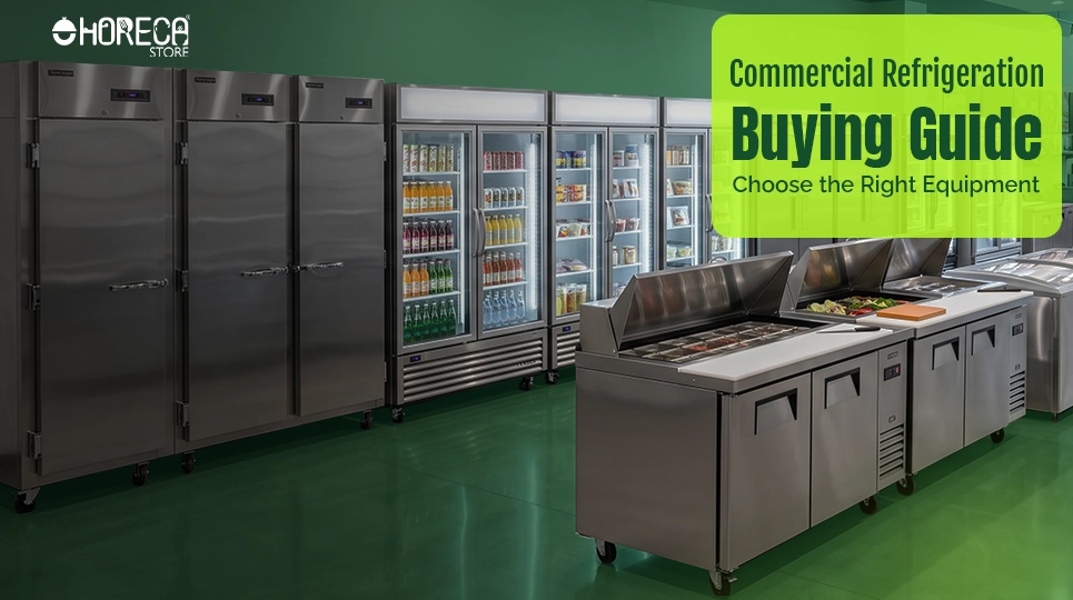 Commercial refrigeration buying guide featuring reach-in refrigerators, glass door merchandisers, refrigerated prep tables, and commercial cooling equipment
