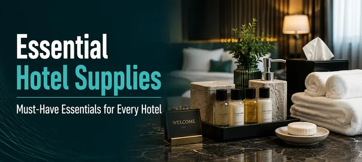 Essential Hotel Supplies banner with luxury toiletries, white towels, welcome sign, and Must-Have Essentials for Every Hotel text