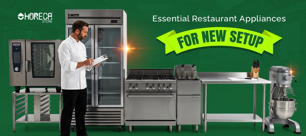 Chef inspecting commercial kitchen setup with refrigerator, oven, gas range, fryer, prep table, and mixer for a new restaurant setup.