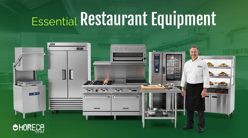 Essential restaurant equipment featuring commercial dishwasher, reach-in refrigerator, gas range, salamander broiler, combi oven, prep table, and heated display case for professional restaurant kitchens and foodservice operations.