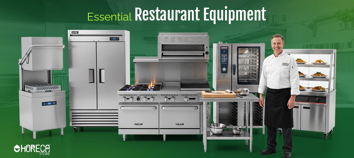 Essential restaurant equipment featuring commercial dishwasher, reach-in refrigerator, gas range, salamander broiler, combi oven, prep table, and heated display case for professional restaurant kitchens and foodservice operations.