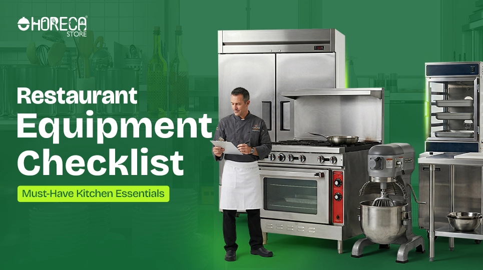 Restaurant equipment checklist with commercial oven gas range refrigerator mixer and kitchen essentials for professional setup