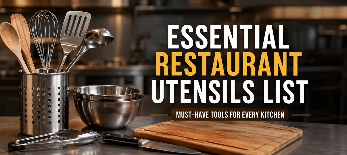 Essential restaurant utensils list showing stainless steel kitchen tools, wooden spoons, whisk, spatula, ladle, cutting board, and knife on a professional kitchen counter.