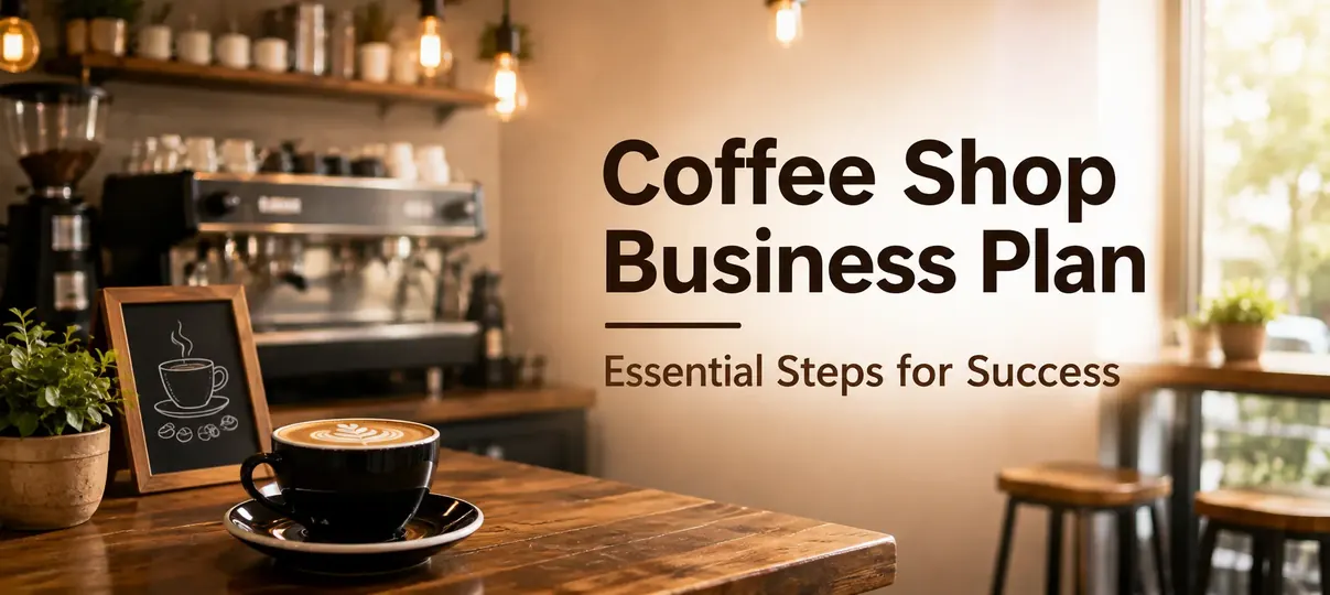 Warm coffee shop interior banner with a latte featuring leaf latte art on a wooden counter, a chalkboard sign, potted plant, espresso machine, and Edison lights, titled Coffee Shop Business Plan: Essential Steps for Success.