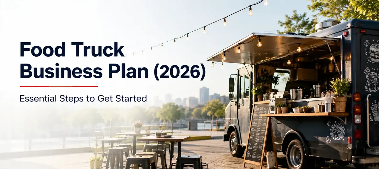 A modern black food truck with an open serving window, Edison string lights, wooden patio tables, and a chalkboard menu at sunset, titled Food Truck Business Plan (2026): Essential Steps to Get Started.