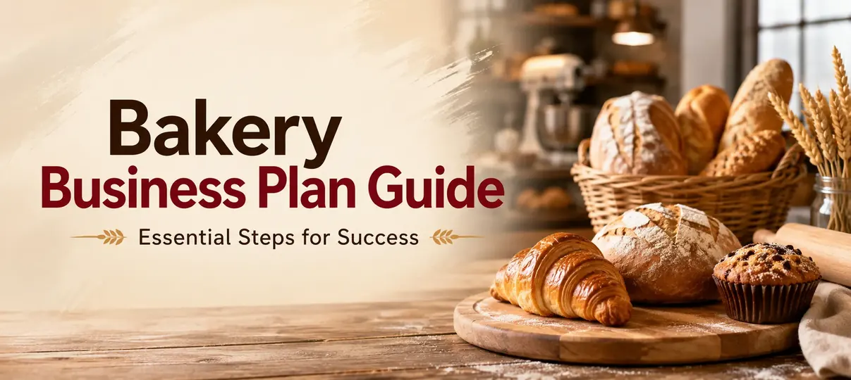 Bakery Business Plan Guide banner with croissant, cinnamon roll, and chocolate chip muffin on a wooden board, a wicker basket of artisan bread, wheat stalks, and warm bakery lighting, titled Essential Steps for Success.