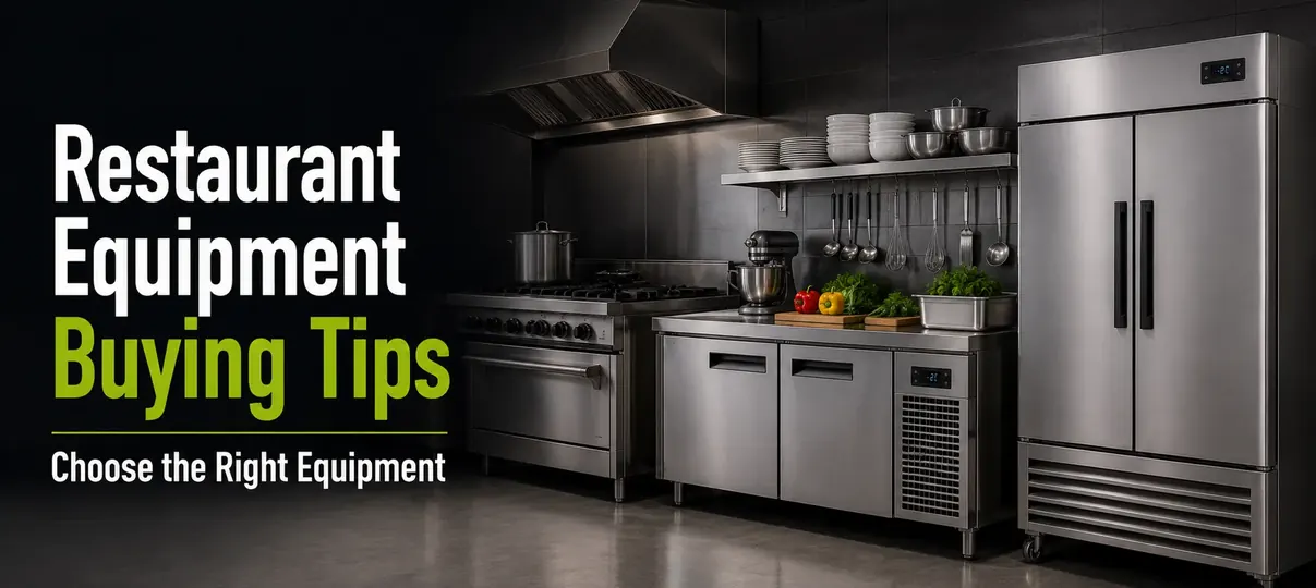 Restaurant equipment buying tips banner showing a commercial kitchen with stainless steel range, prep table, stand mixer, and double-door refrigerator.