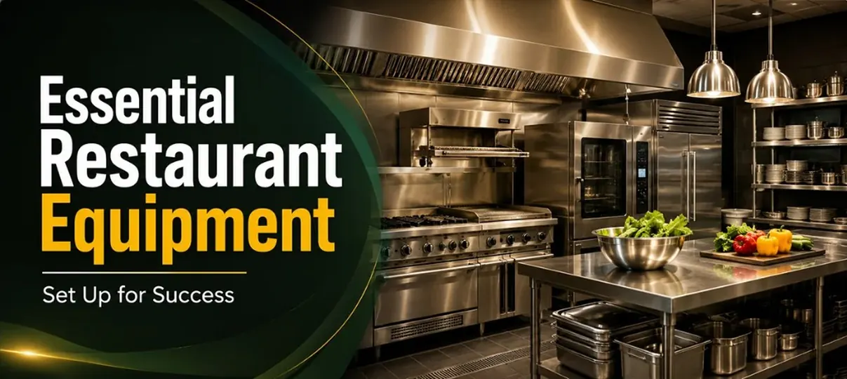 Essential Restaurant Equipment Set Up for Success banner with a commercial kitchen, stainless steel range, hood, prep table, and fresh vegetables