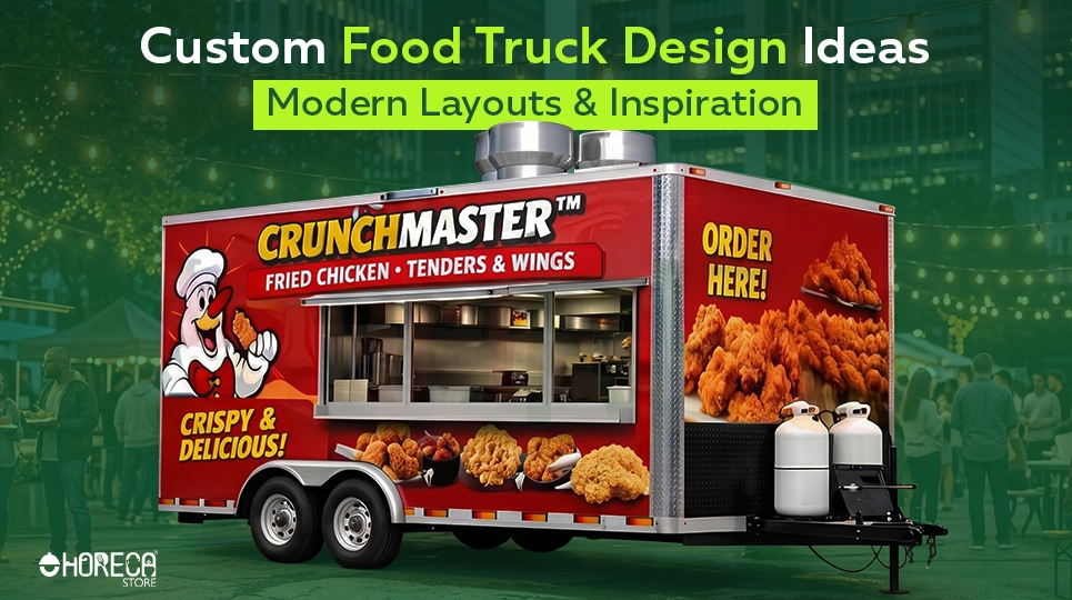 Custom food truck design ideas featuring modern fried chicken food trailer with branded graphics, commercial kitchen layout, serving window, and creative mobile restaurant inspiration for food truck businesses.