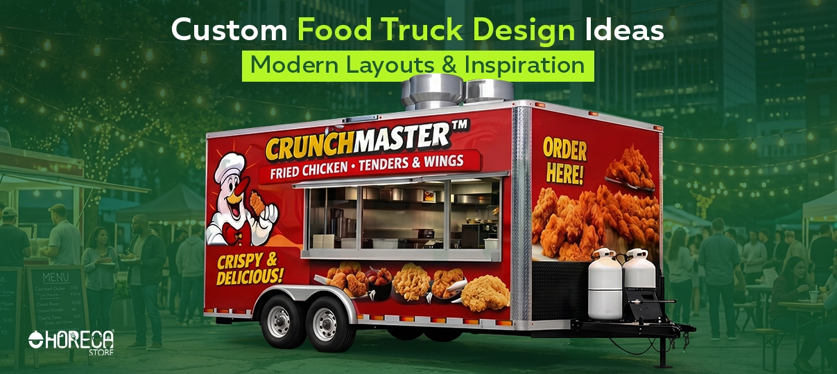 Custom food truck design ideas featuring modern fried chicken food trailer with branded graphics, commercial kitchen layout, serving window, and creative mobile restaurant inspiration for food truck businesses.