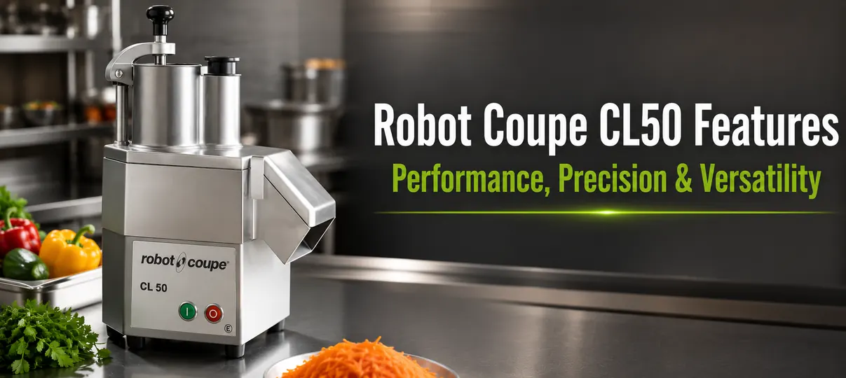 Robot Coupe CL50 commercial food processor on a stainless steel kitchen counter with sliced cucumbers, shredded carrots, cabbage, and lettuce, labeled Robot Coupe CL50 Features, Performance, Precision & Versatility.