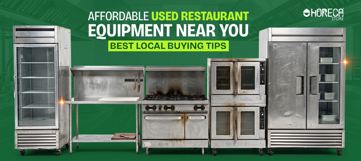 Affordable used restaurant equipment near you featuring commercial refrigerator, prep table, gas range, double deck ovens, and reach-in freezer with local buying tips from Horeca Store.