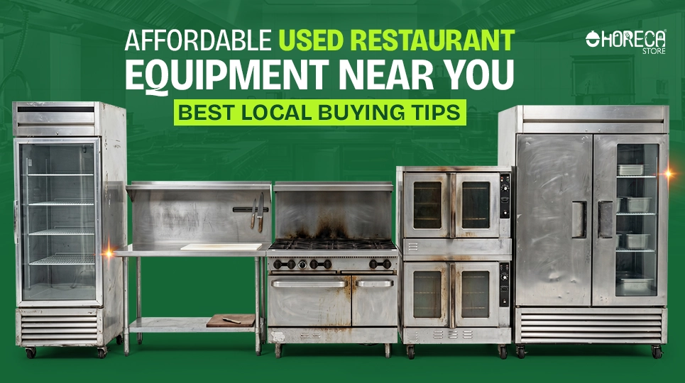 Affordable used restaurant equipment near you featuring commercial refrigerator, prep table, gas range, double deck ovens, and reach-in freezer with local buying tips from Horeca Store.
