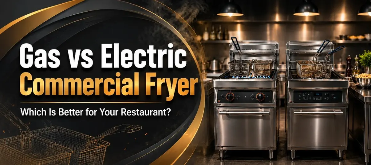 Desktop banner of a gas commercial fryer with a blue flame beside an electric fryer, both under an exhaust hood, plus headline Gas vs Electric Commercial Fryer Which Is Better for Your Restaurant