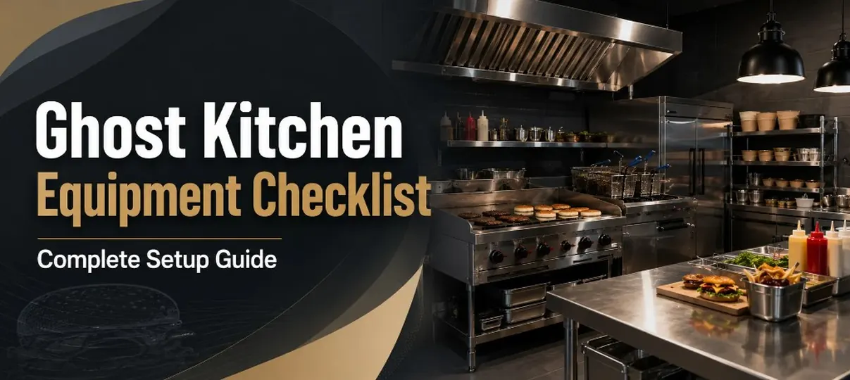 Desktop banner of a ghost kitchen with commercial griddle cooking burgers, fryer station, exhaust hood, reach-in refrigerator, and plated burgers, plus headline Ghost Kitchen Equipment Checklist Complete Setup Guide