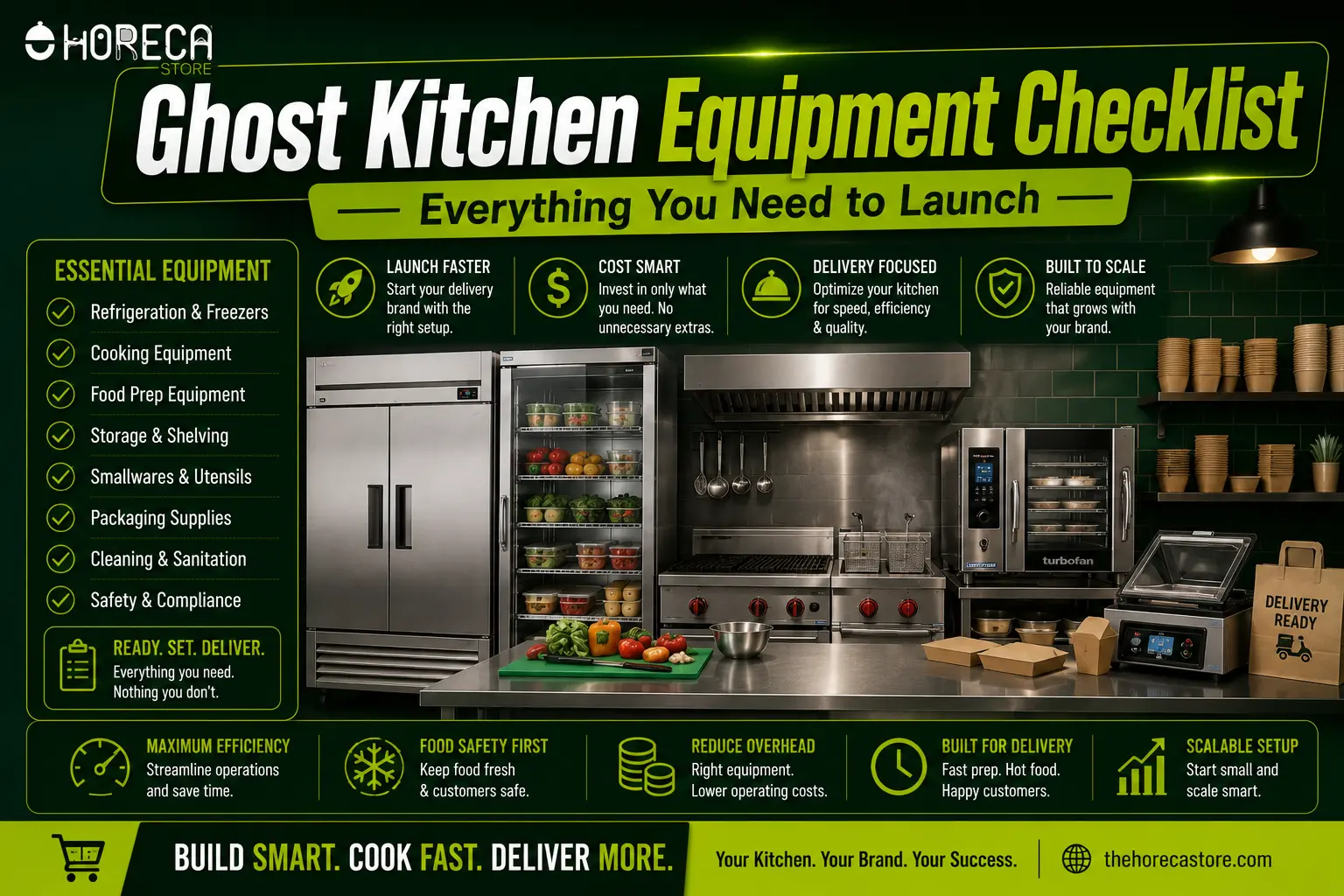 Launch your ghost kitchen with the essential equipment checklist for cooking, refrigeration, prep, storage, packaging, and delivery.
