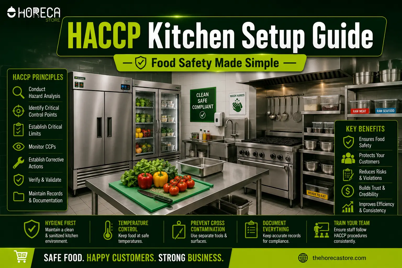 Learn how to set up a HACCP-compliant commercial kitchen with food safety practices, sanitation, temperature control, and compliance.