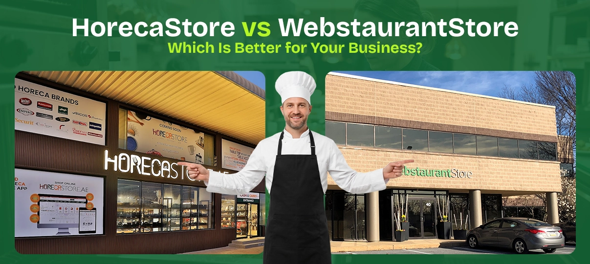 HorecaStore vs WebstaurantStore comparison for restaurant equipment – chef choosing between Horeca Store and WebstaurantStore for commercial kitchen supplies and business needs