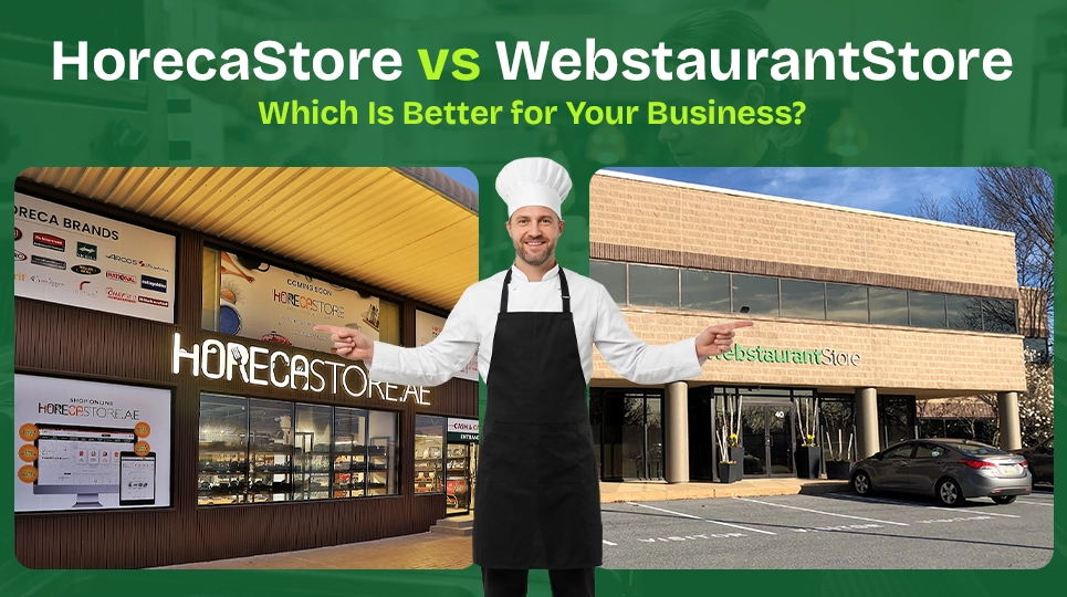 HorecaStore vs WebstaurantStore comparison for restaurant equipment – chef choosing between Horeca Store and WebstaurantStore for commercial kitchen supplies and business needs