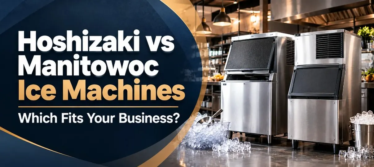 Commercial kitchen with two ice machines, a bin of ice cubes and a scoop, and a bucket of ice beside a hood