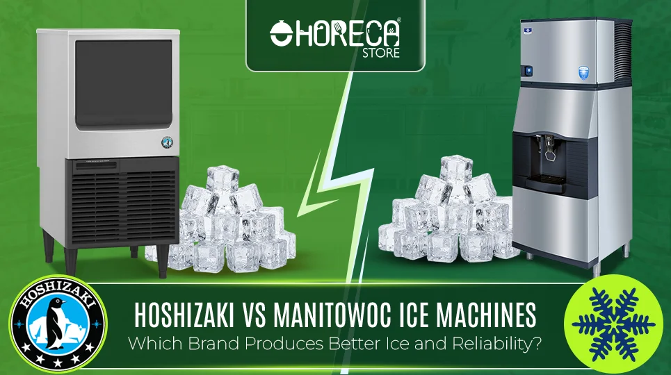 Comparison of Hoshizaki and Manitowoc commercial ice machines with ice cube displays, highlighting ice quality, performance, and reliability differences between the two brands.