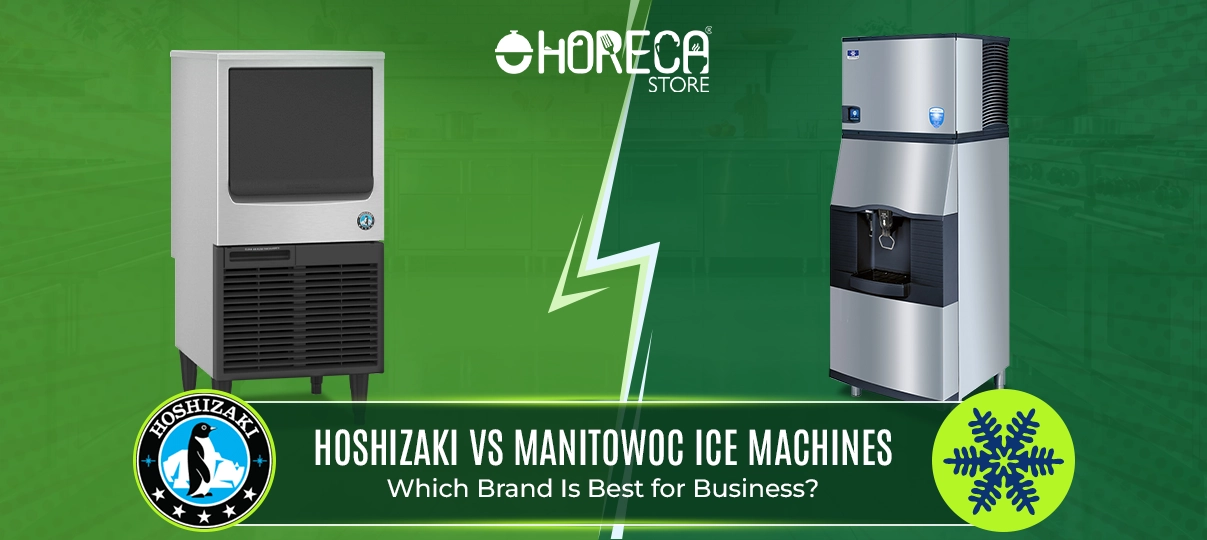Hoshizaki vs Manitowoc ice machines comparison featuring commercial ice makers for restaurants, bars, and foodservice businesses to help choose the best ice machine brand for performance and reliability.