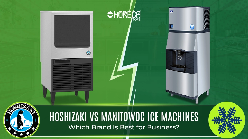 Hoshizaki vs Manitowoc ice machines comparison featuring commercial ice makers for restaurants, bars, and foodservice businesses to help choose the best ice machine brand for performance and reliability.