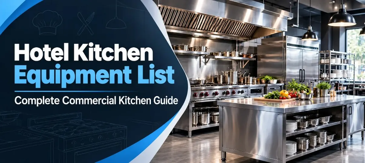 Desktop banner of a hotel commercial kitchen with stainless range, exhaust hood, reach-in refrigerator, prep island with produce and cookware, plus headline Hotel Kitchen Equipment List Complete Commercial Kitchen Guide
