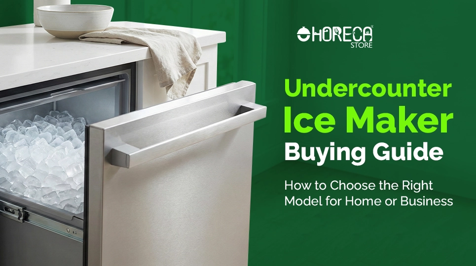 Undercounter ice maker installed beneath a kitchen counter, showing a stainless steel ice bin filled with ice