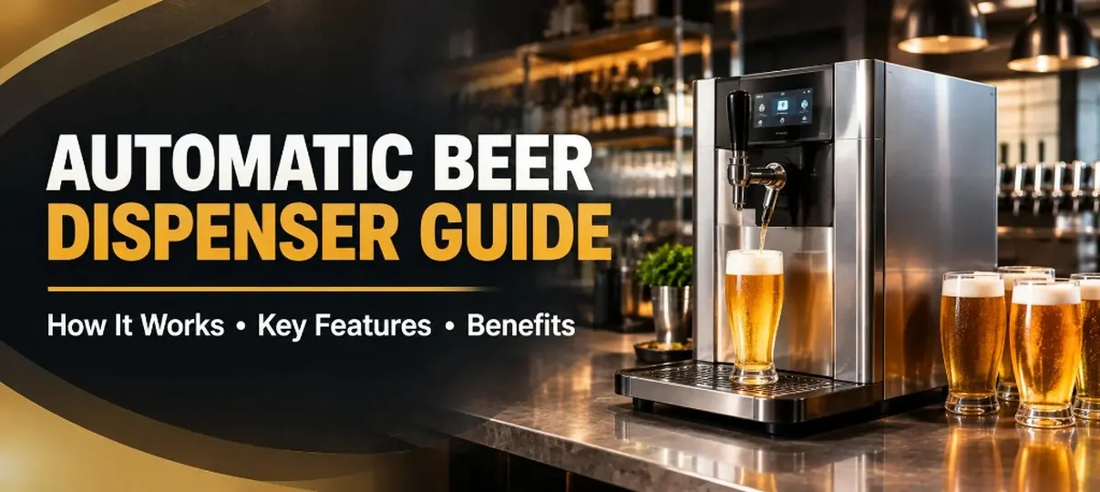 Bar counter with an automatic beer dispenser pouring a pint, and three glasses of beer beside bottle shelves
