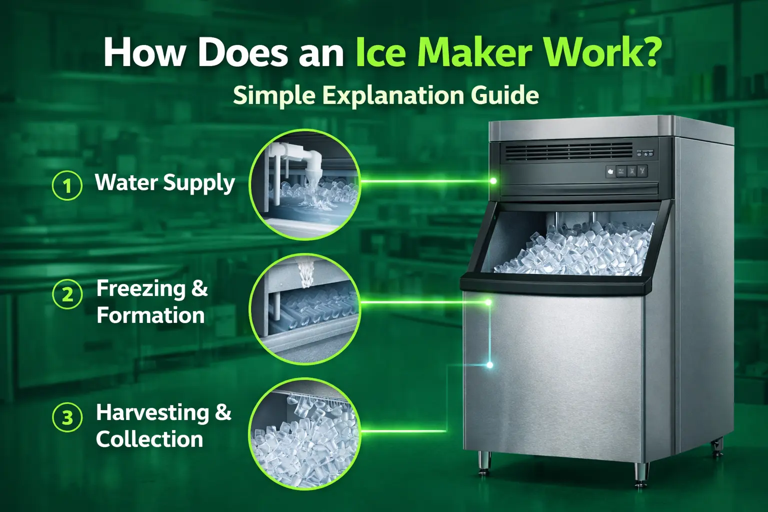 Commercial ice maker machine with step-by-step process showing water supply, freezing, and ice harvesting, explaining how an ice maker works for restaurants and cafes