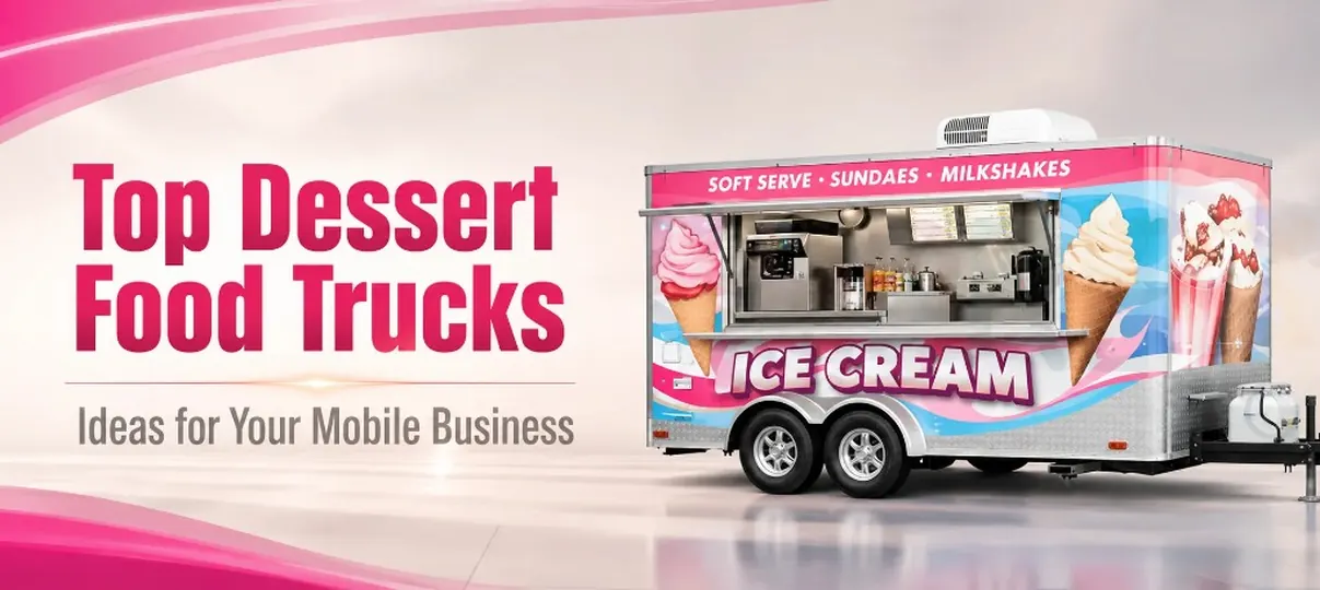 Desktop banner for dessert food truck startup costs showing a pink and blue ice cream concession trailer with soft serve graphics, sundaes, and the headline Top Dessert Food Trucks for mobile business ideas