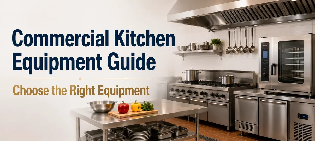 Commercial kitchen equipment guide banner with stainless steel range, exhaust hood, oven, and prep table with fresh peppers