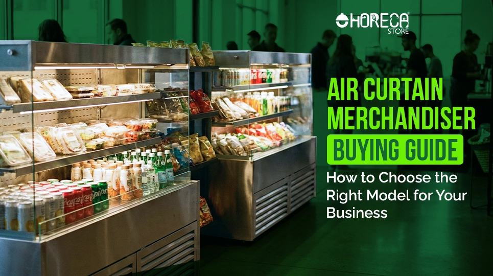 Air curtain merchandisers stocked with ready-to-eat food and drinks, used in a commercial food retail environment