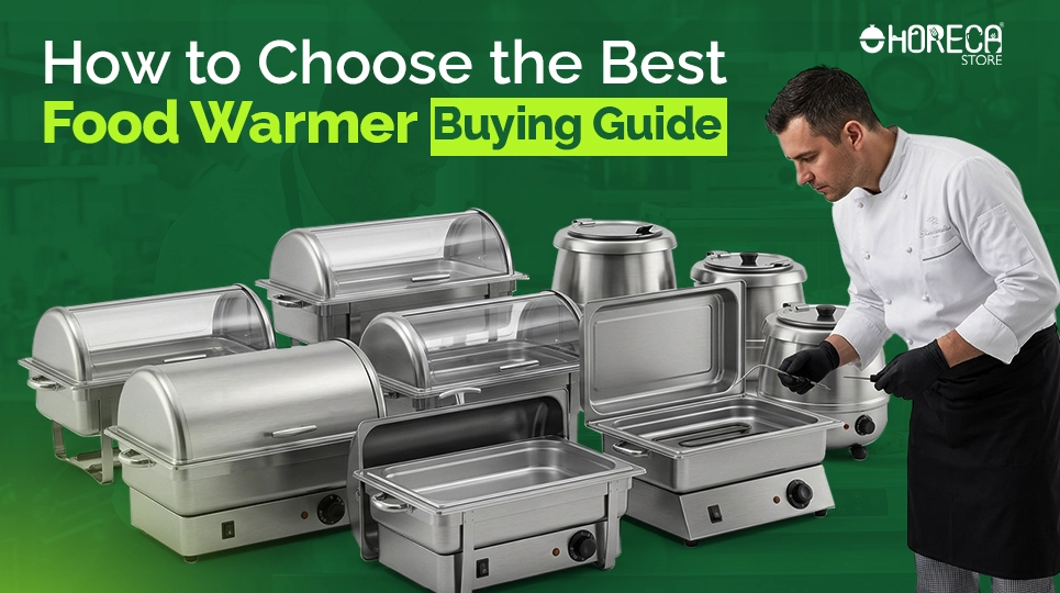 Commercial food warmer buying guide with stainless steel chafing dishes and chef setting up buffet equipment