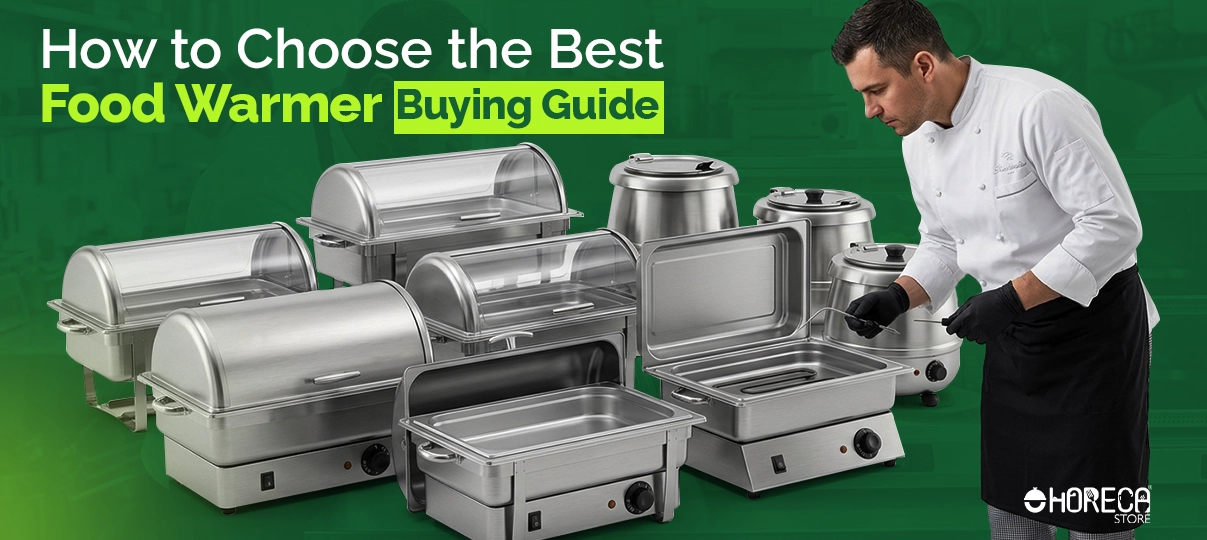 Commercial food warmer buying guide with stainless steel chafing dishes and chef setting up buffet equipment