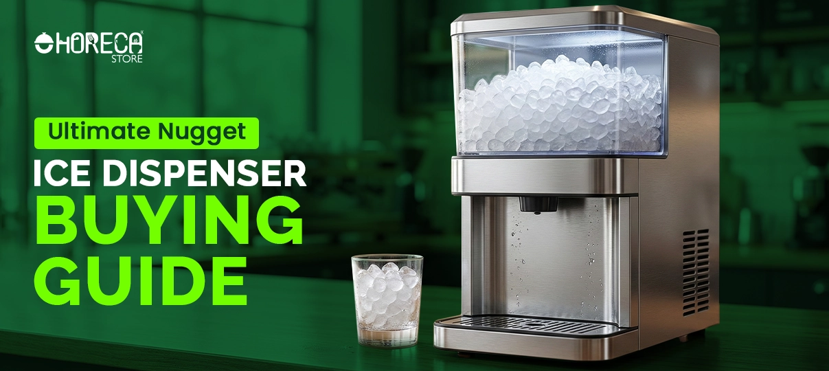 Commercial nugget ice dispenser with stainless steel body and clear ice bin, featured in ice dispenser buying guide for restaurants, cafés, and bars
