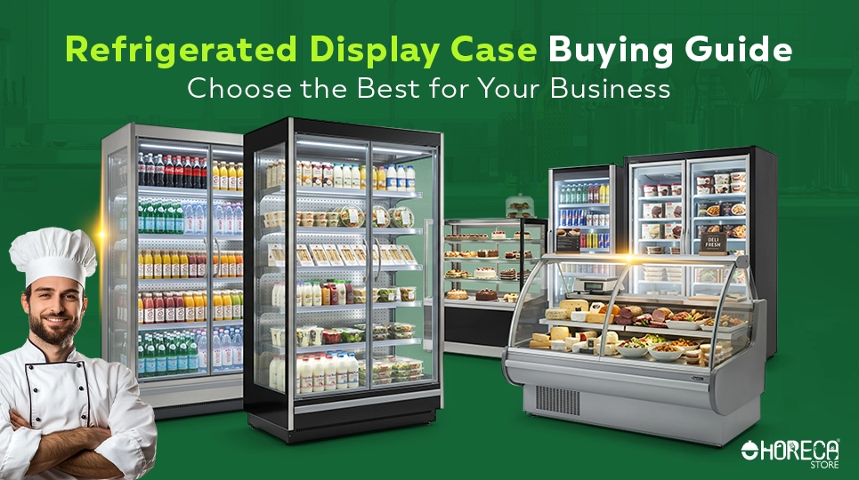 Refrigerated display case buying guide for commercial kitchens – glass door merchandisers and deli display refrigerators showcasing beverages, dairy, and prepared food for retail and restaurant businesses