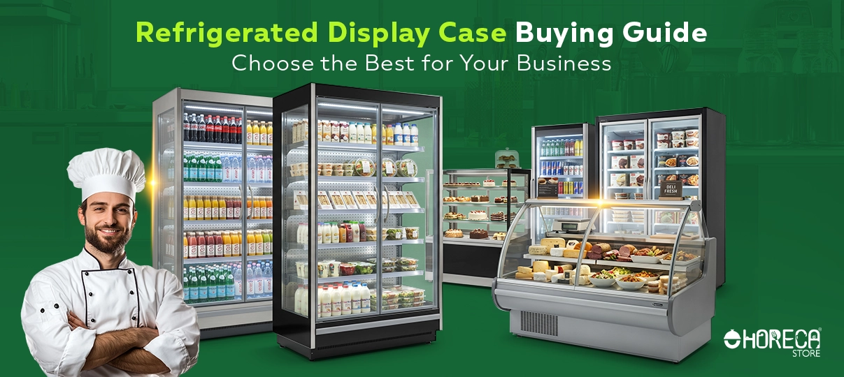 Refrigerated display case buying guide for commercial kitchens – glass door merchandisers and deli display refrigerators showcasing beverages, dairy, and prepared food for retail and restaurant businesses