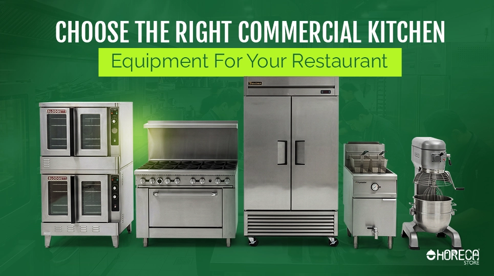 Commercial kitchen equipment for restaurants including oven gas range refrigerator fryer and mixer complete kitchen setup banner