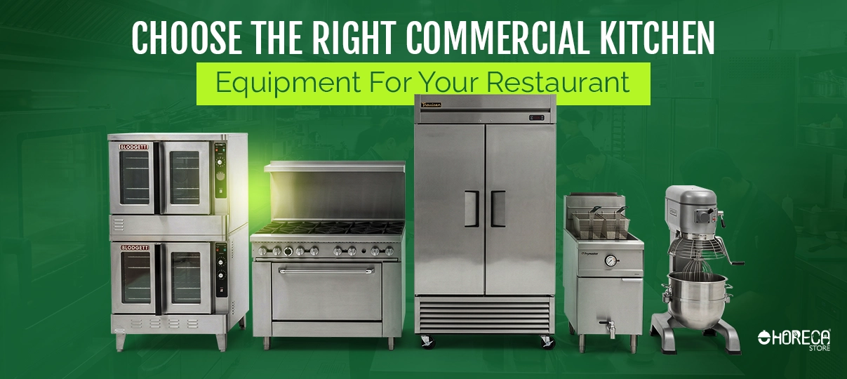 Commercial kitchen equipment for restaurants including oven gas range refrigerator fryer and mixer complete kitchen setup banner