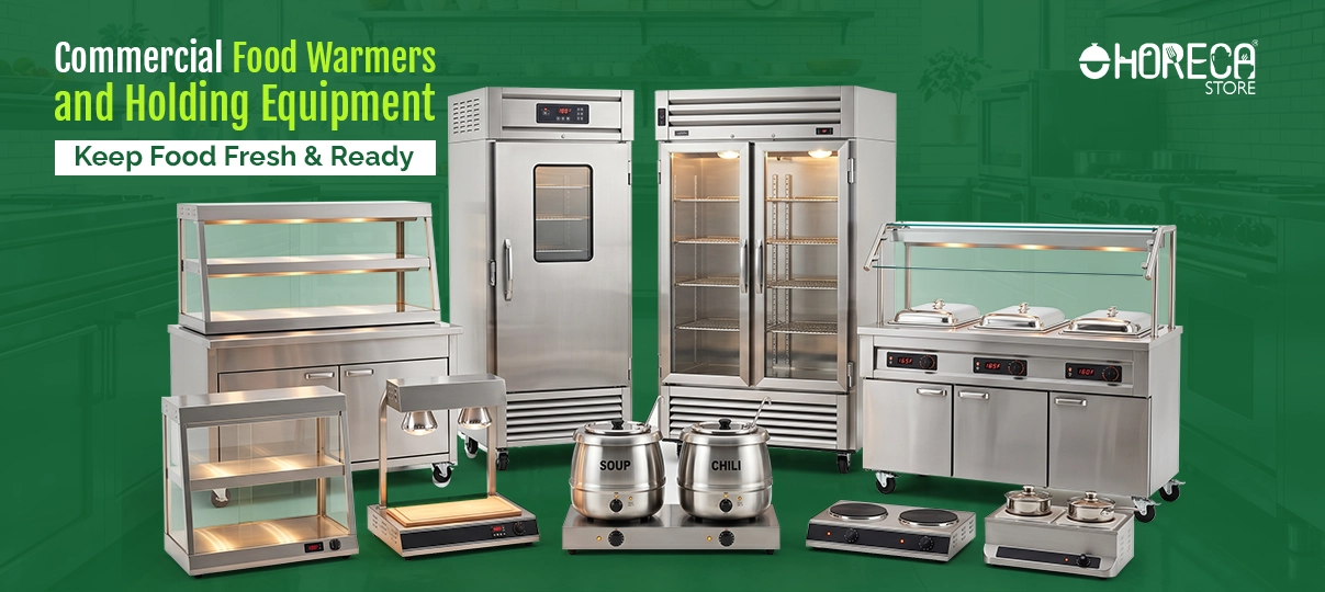 Commercial food warmers and holding equipment featuring heated display cases, warming cabinets, soup warmers, buffet stations, and heated shelves to keep food fresh, hot, and ready for service in restaurants and catering businesses.