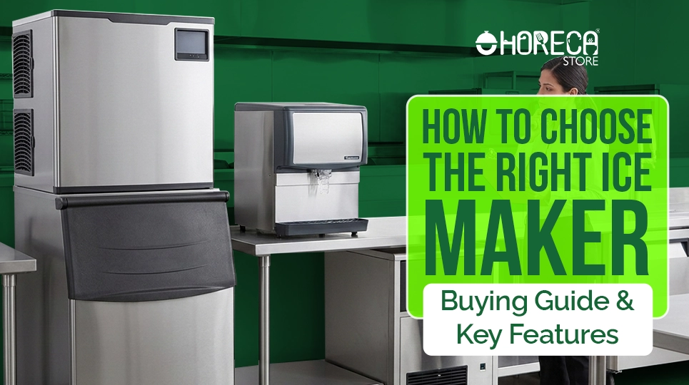 Commercial ice maker machines on stainless steel counter in professional kitchen