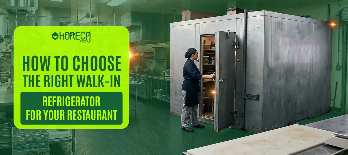 Walk-in commercial refrigerator in a professional kitchen, with a staff member opening the door and checking stored food items, alongside text about choosing the right walk-in refrigerator for a restaurant.