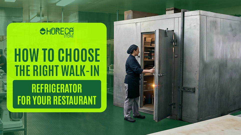 Walk-in commercial refrigerator in a professional kitchen, with a staff member opening the door and checking stored food items, alongside text about choosing the right walk-in refrigerator for a restaurant.