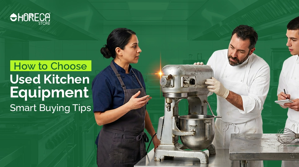 How to choose used kitchen equipment – chefs inspecting commercial mixer and evaluating second-hand restaurant equipment for smart buying decisions in professional kitchens