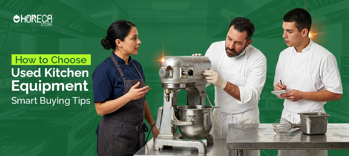 How to choose used kitchen equipment – chefs inspecting commercial mixer and evaluating second-hand restaurant equipment for smart buying decisions in professional kitchens