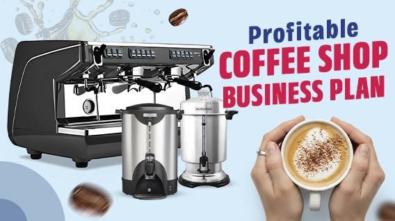 Profitable Coffee Shop Business Plan banner showing commercial espresso machine, coffee urns, and hands holding a cappuccino.