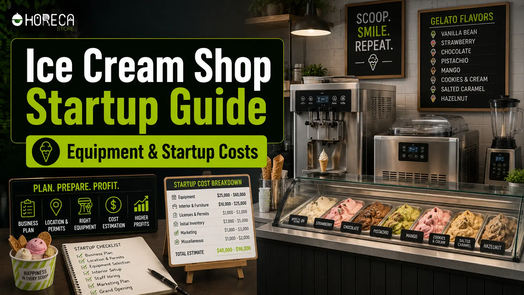 Learn how to open an ice cream or gelato shop with essential equipment, estimated startup costs, permits, inventory, and planning tips.