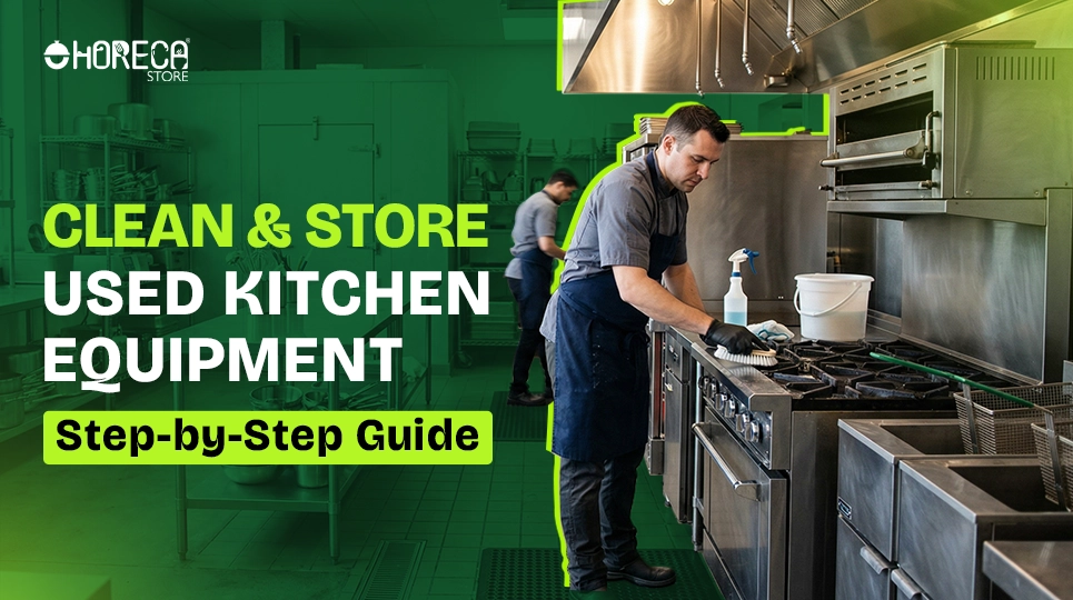 Cleaning used commercial kitchen equipment with chef sanitizing stove and restaurant cooking appliances